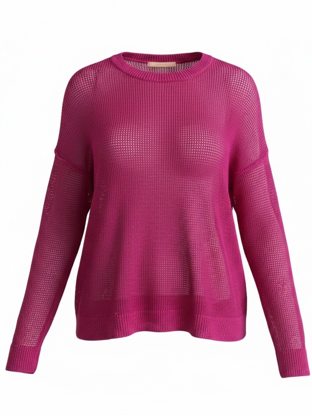 Eileen Fisher Hot Pink Open Weave Organic‎ Linen Crewneck Split Hem Sweater Sz L